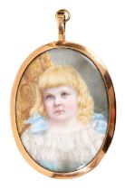 Antique portrait miniature on ivory depicting a child with blonde hair and blue eyes, in an oval gol