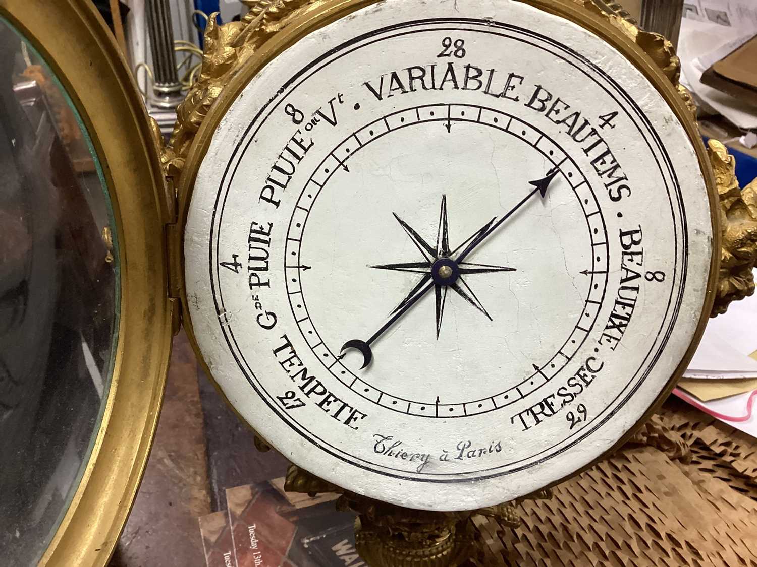 Ornate 19th century French ormolu and porcelain mounted barometer, later painted dial, signed Thierr - Image 7 of 8