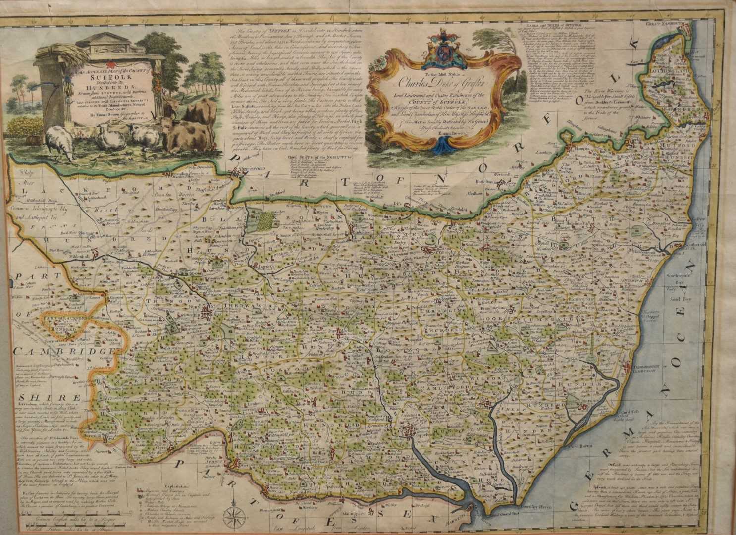 Mid 18th century hand coloured engraved map by Emanuel Bowen, 'Suffolk Divided into its Hundreds, 52