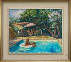 *Tessa Spencer Pryse (b.1940) oil on canvas - The Swimming Pool at Coaraze, signed, dated 1992 verso