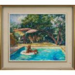 *Tessa Spencer Pryse (b.1940) oil on canvas - The Swimming Pool at Coaraze, signed, dated 1992 verso