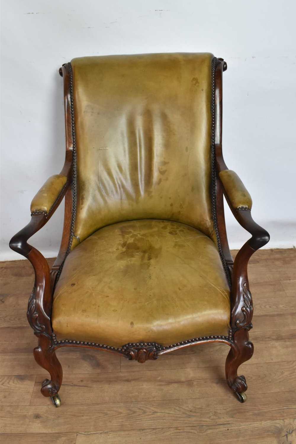 Good quality early Victorian leather upholstered rosewood open armchair - Image 4 of 9