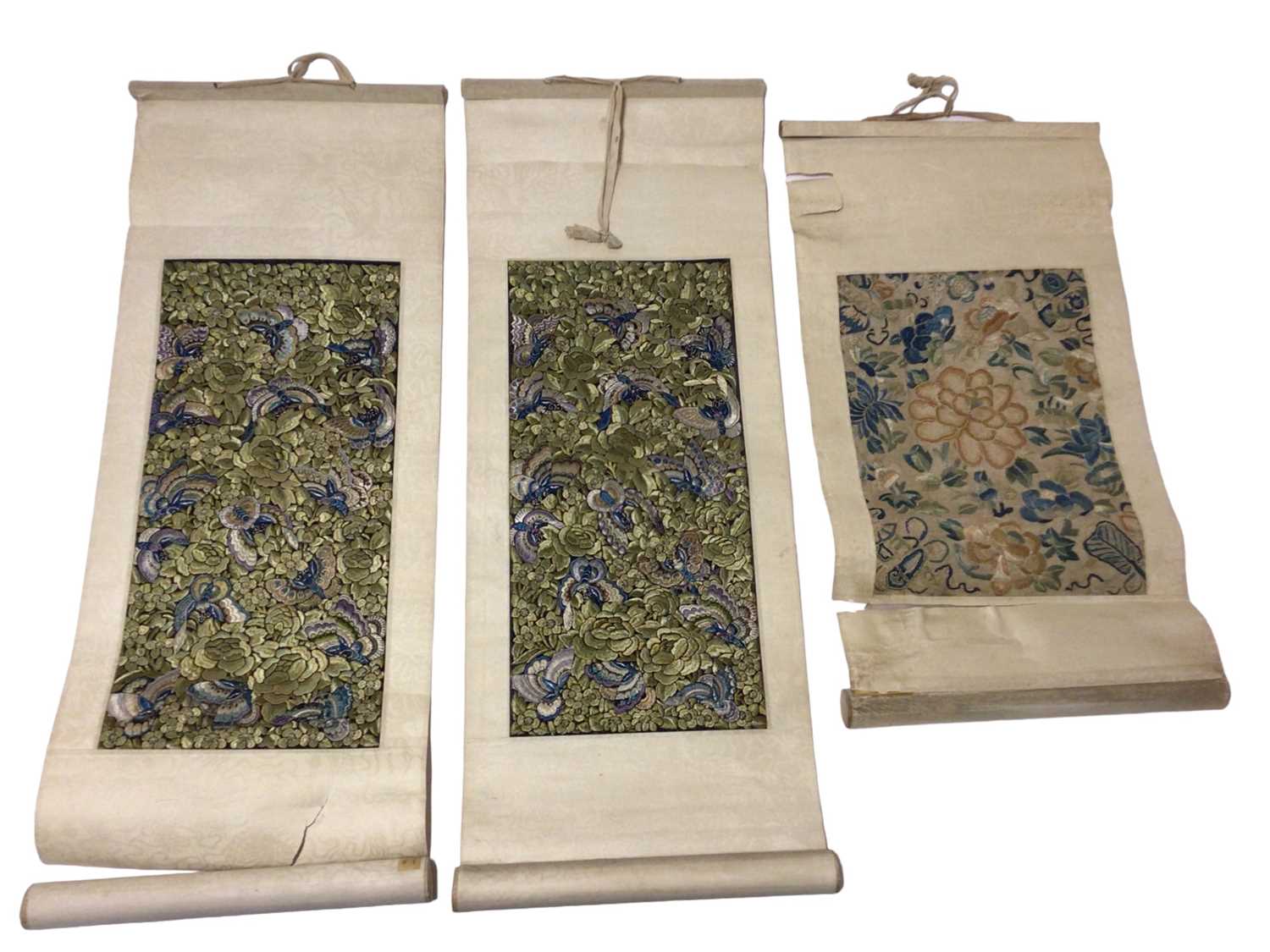 Two Chinese silk embroidered scrolls with butterflies and another earlier in date