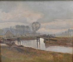 Paul Earee (1888-1968) oil on board - Ladies Bridge, 41cm x 48cm, landscape study verso, Gainsboroug
