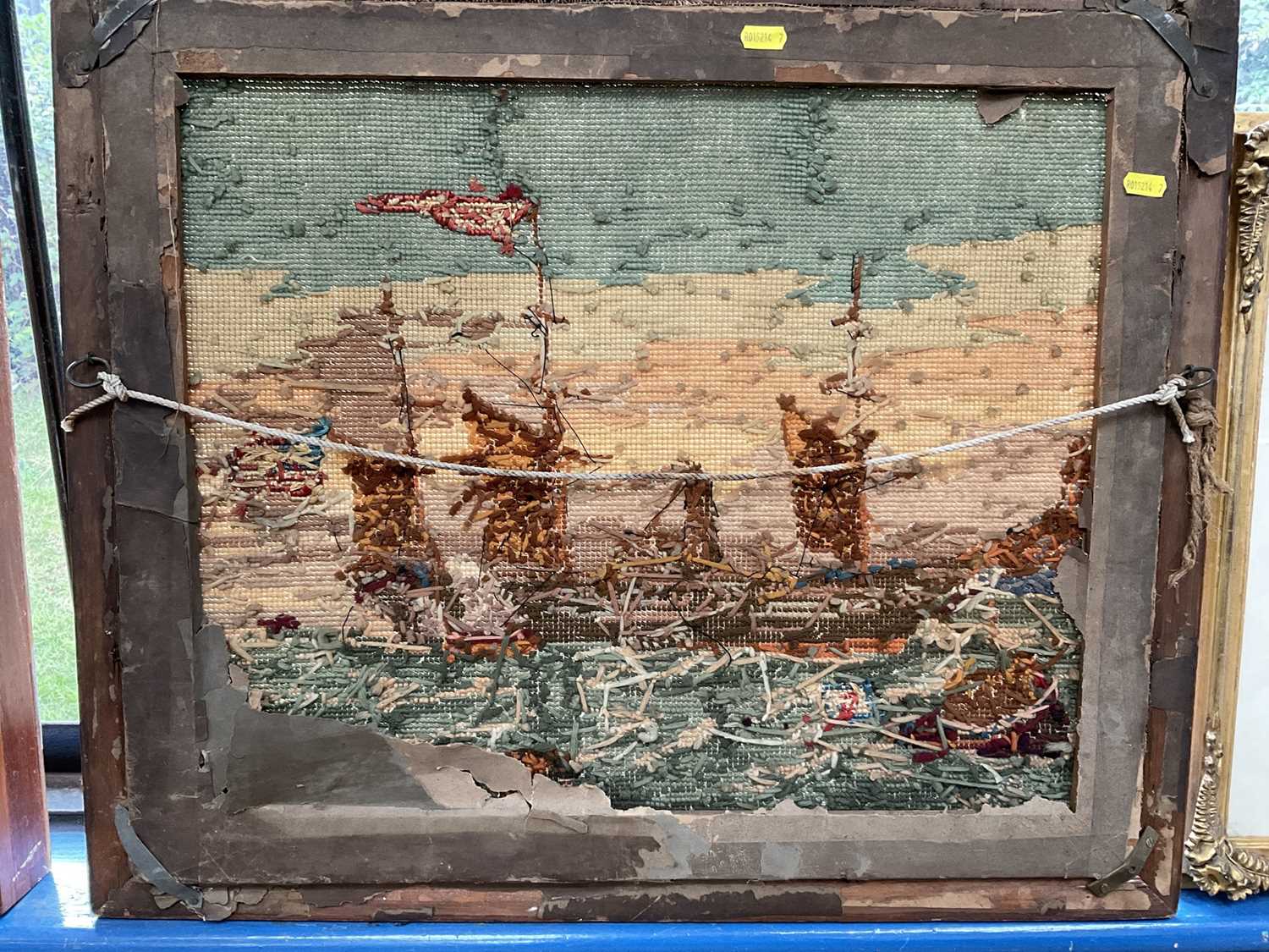 19th century woolwork picture of an American steamship, in glazed maple veneered frame - Image 5 of 6