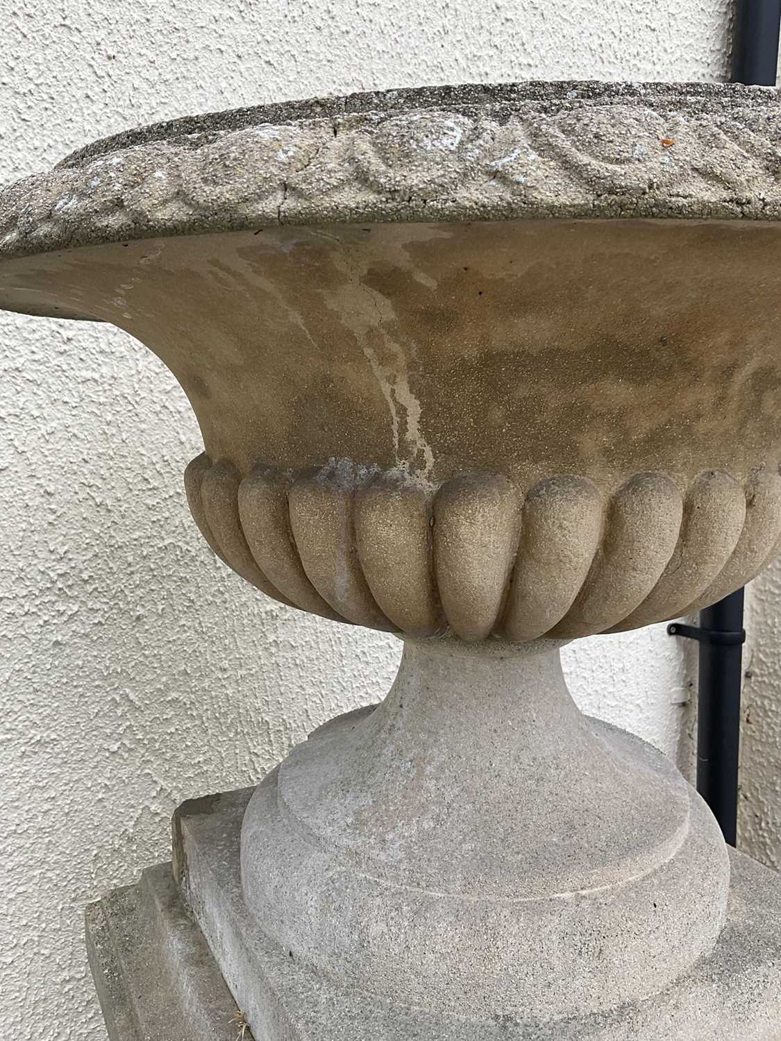Large pair of reconstituted stone garden urms of campagna form with egg and dart rim, reeded bowl on - Image 6 of 15