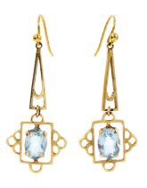 Pair of Art Deco aquamarine pendant earrings