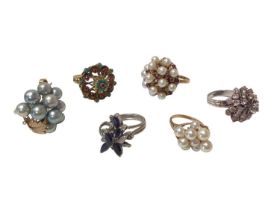 Group of six 1960s/1970s gold and multi-gem set cocktail rings to include a sapphire and diamond clu