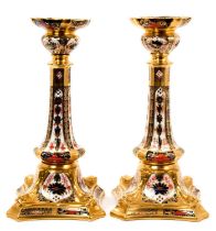 Pair of Royal Crown Derby Imari candlesticks, pattern 1128, 26.5cm high