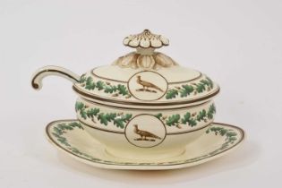 Wedgwood Queensware crested sauce tureen, cover and fixed stand, circa 1800, and a ladle