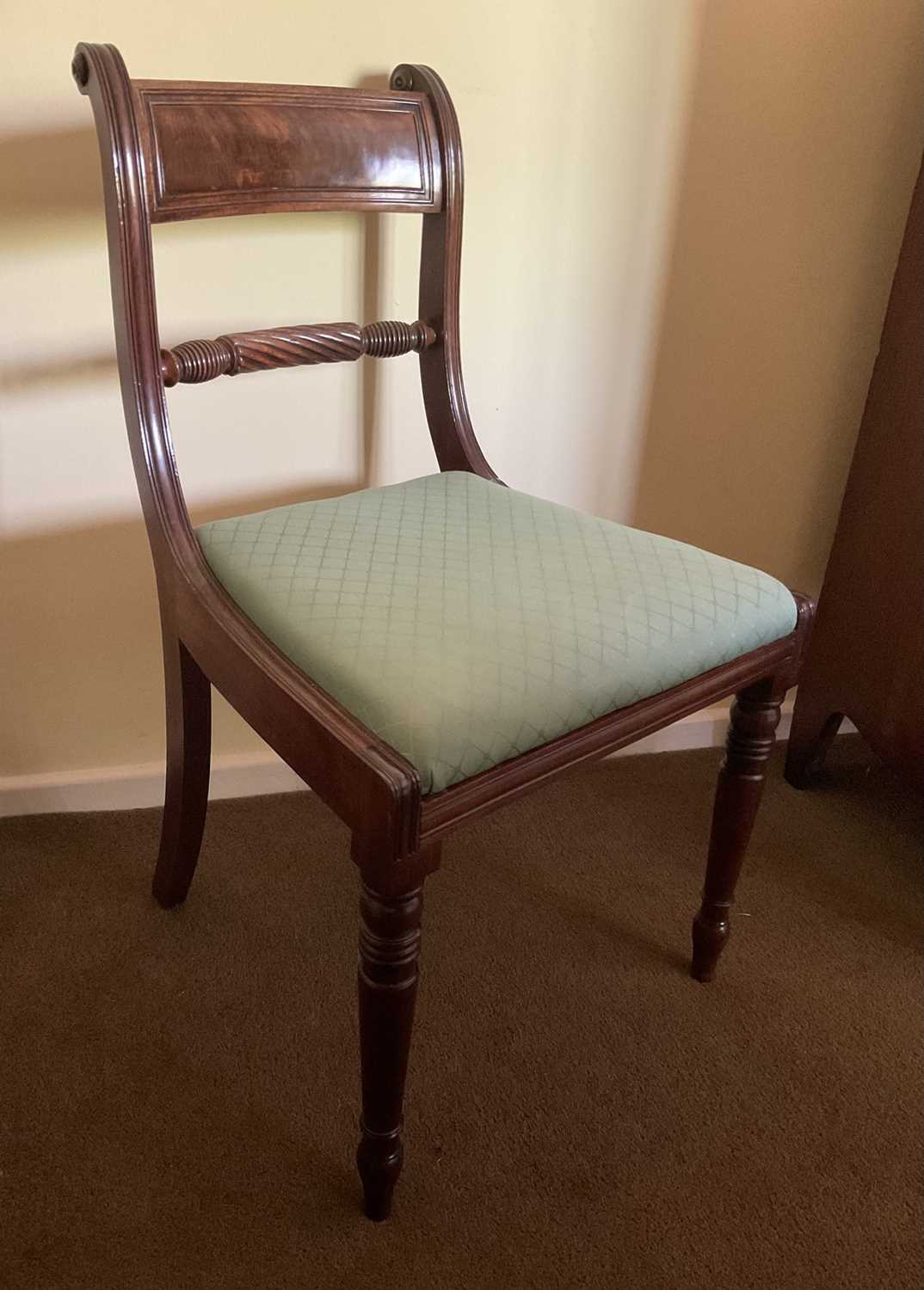 Set of six Regency mahogany bar back dining chairs, each with slip in seat on ring turned legs