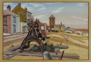 Sylvia Leeming (Mrs Cyril Deakins) acrylic - Aldeburgh Beach, signed, circa 1955, 36cm x 54cm, label