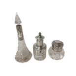 Two silver mounted scent bottles, together with a silver table top incense burner (3)