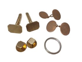 Two pairs of 9ct gold cufflinks, two gold dress studs and a 9ct white gold wedding ring