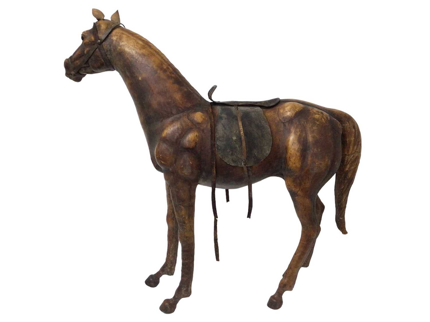 Large leather covered wooden horse in the style of Liberty - Image 2 of 10