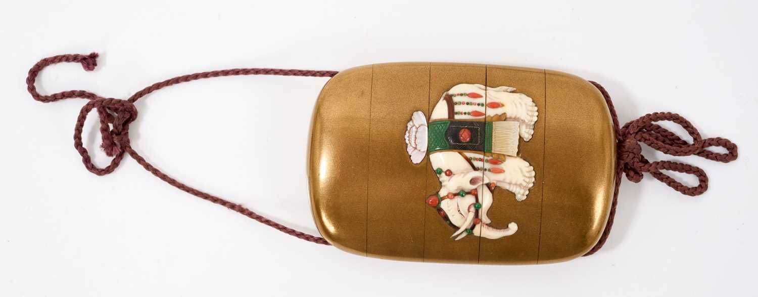 Japanese five section shibyama inlaid inro, with elephant ornament
