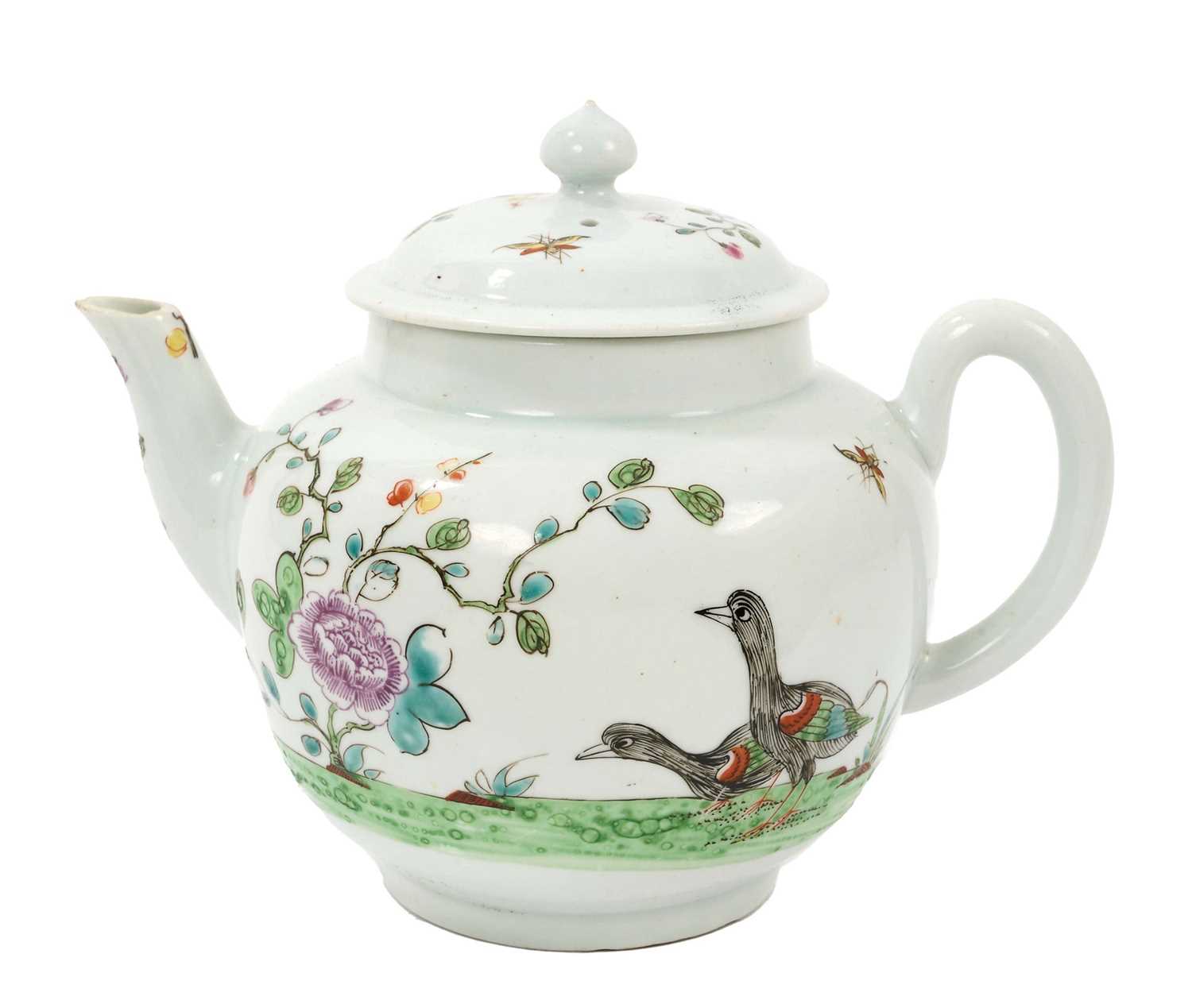 Rare Worcester globular teapot and cover, painted in Chinese famille rose palette with two geese in