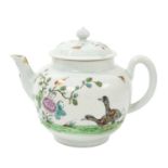 Rare Worcester globular teapot and cover, painted in Chinese famille rose palette with two geese in