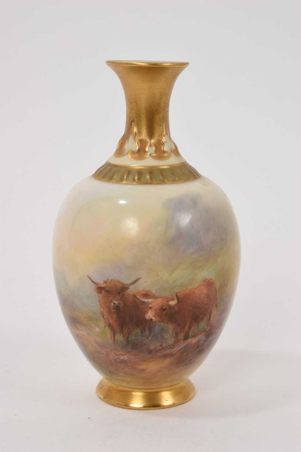 Miniature Royal Worcester vase decorated with highland cattle by James Stinton