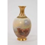 Miniature Royal Worcester vase decorated with highland cattle by James Stinton