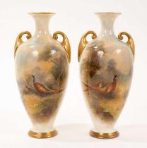 Pair of Royal Worcester vases decorated with pheasants by James Stinton
