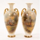Pair of Royal Worcester vases decorated with pheasants by James Stinton