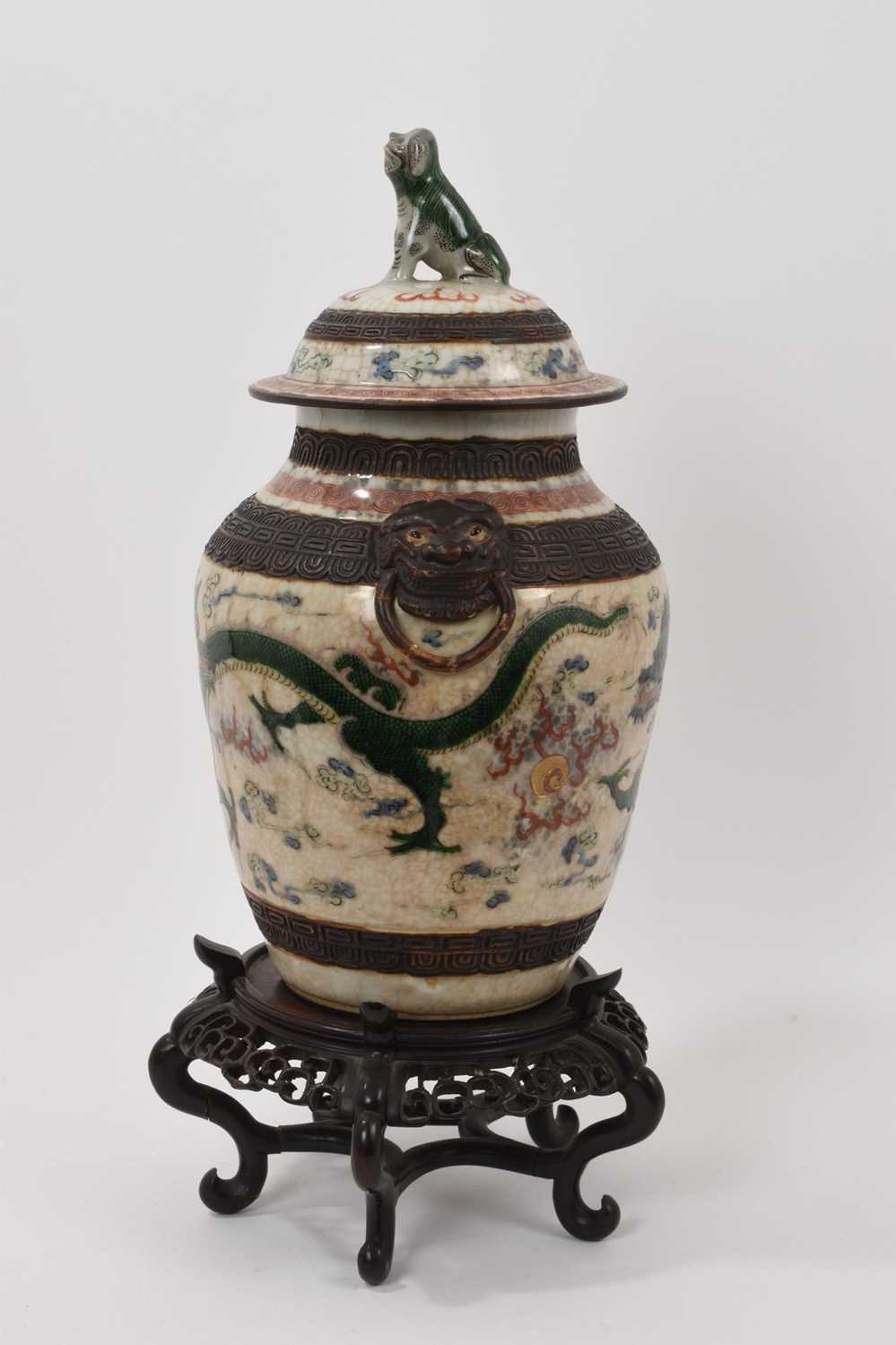 Chinese famille verte crackle glazed vase and cover, circa 1900, decorated with dragons chasing a fl - Image 3 of 8