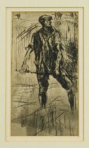 Harry Becker (1865-1928) etching - Farmworker, 18cm x 10cm, in glazed gilt frame