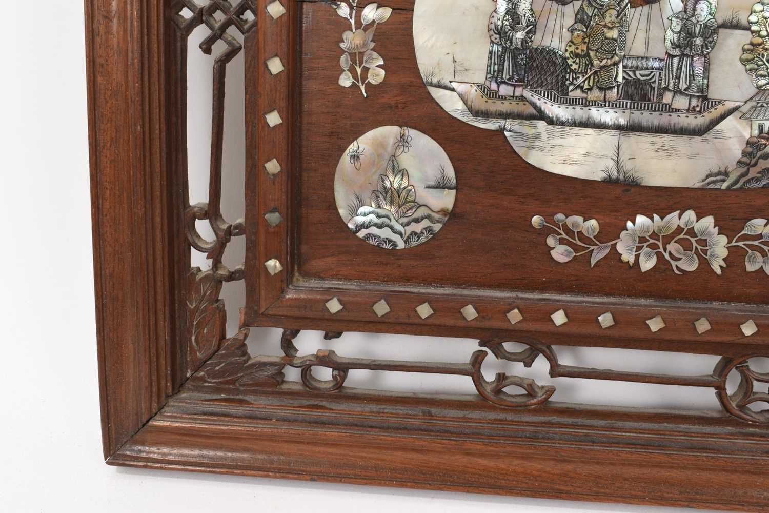 Chinese mother of pearl and hardwood panel - Image 5 of 6