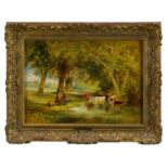 Robert Burrows (1810-1883) oil on canvas - Cattle Watering, in gilt frame