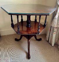 George III and later mahogany two tier display table of hexagonal form, on tripod base, 87cm wide