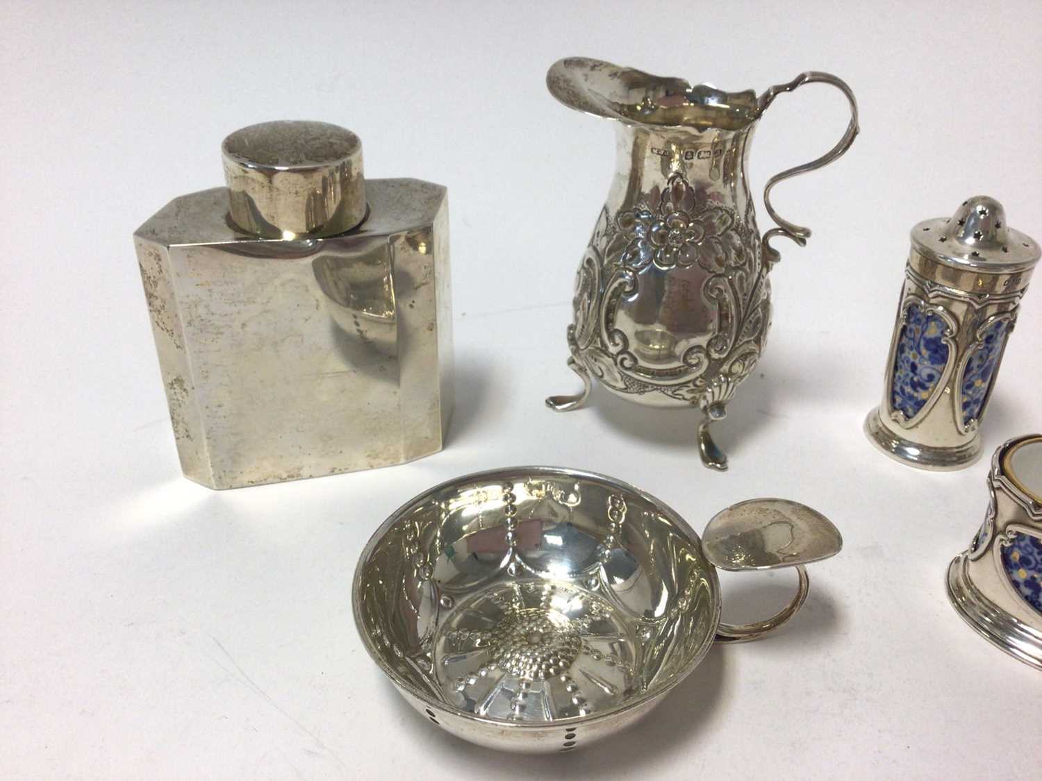 Selection of miscellaneous silver, including cream jug, wine taster, caddy, set of six glass holders - Image 4 of 5