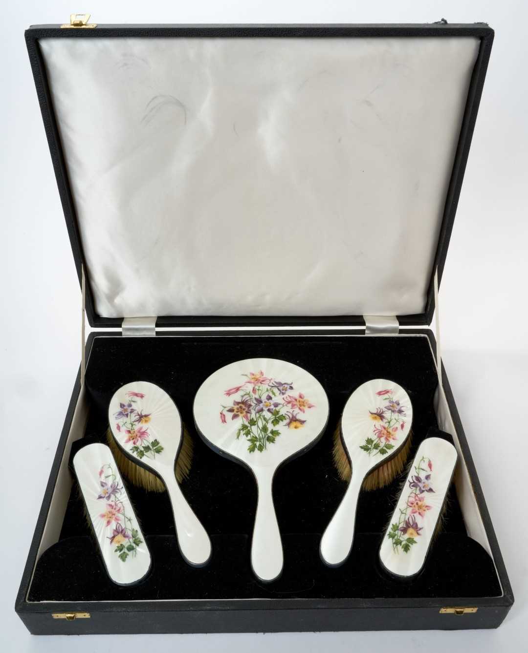 Contemporary silver and enamel dressing table set, cased - Image 2 of 3