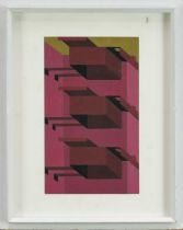 Ron Sims (1944-2014) acrylic on canvas - City Birds and Architecture, 30cm x 18cm, in glazed frame