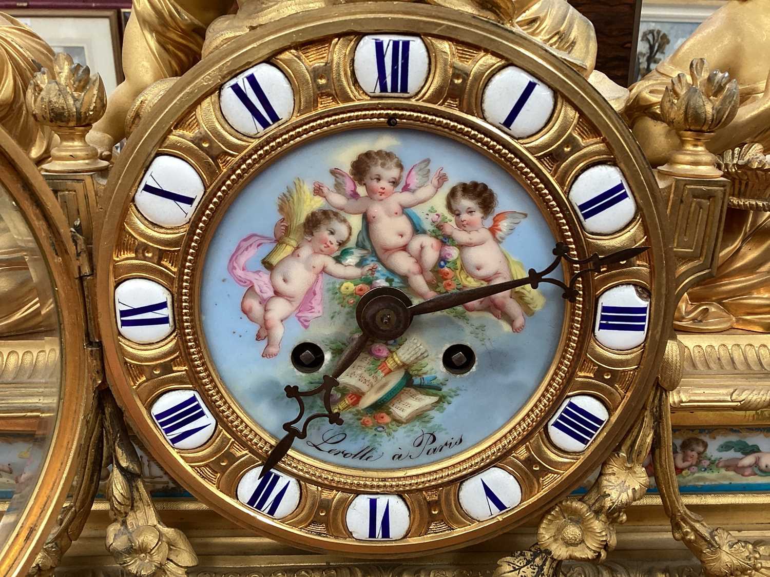 Fine quality large 19th century French ormolu clock garniture by Lerolle à Paris with Sèvres porcela - Image 9 of 26