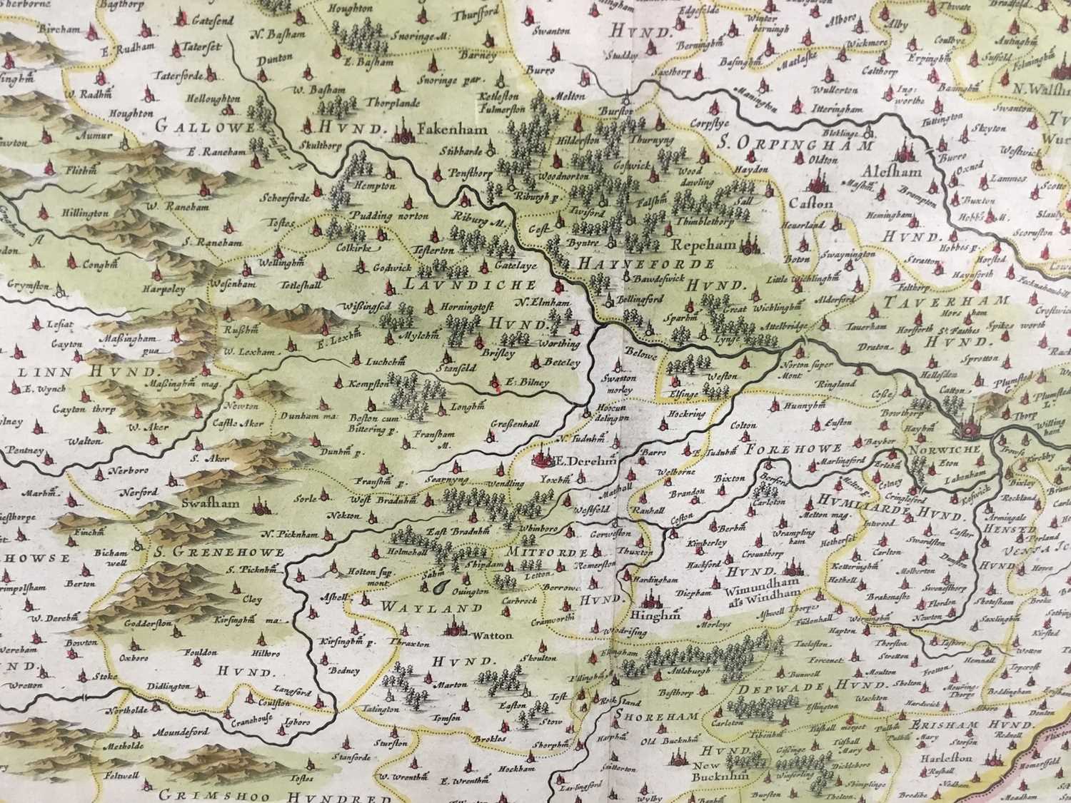J Blaeu - hand coloured map of Norfolk, c1650. Framed and glazed. - Image 10 of 11