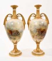 Large pair of Royal Worcester vases, decorated with cattle by James Stinton
