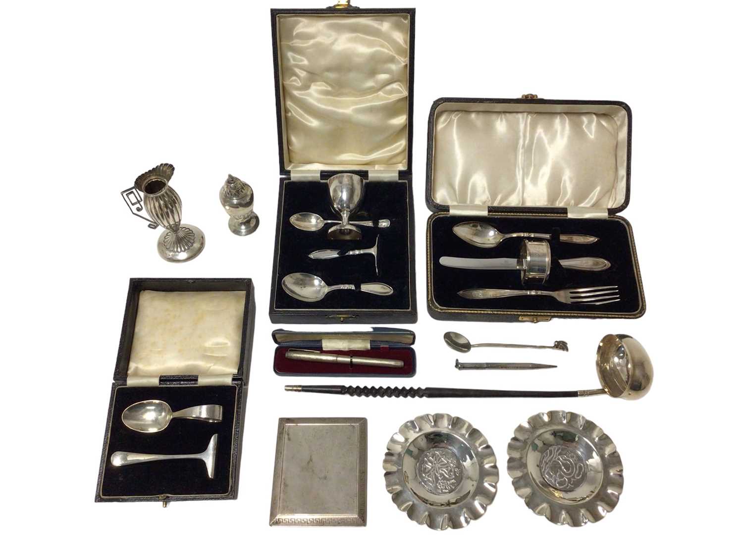 Group of silver to include christening sets, toddy ladle etc