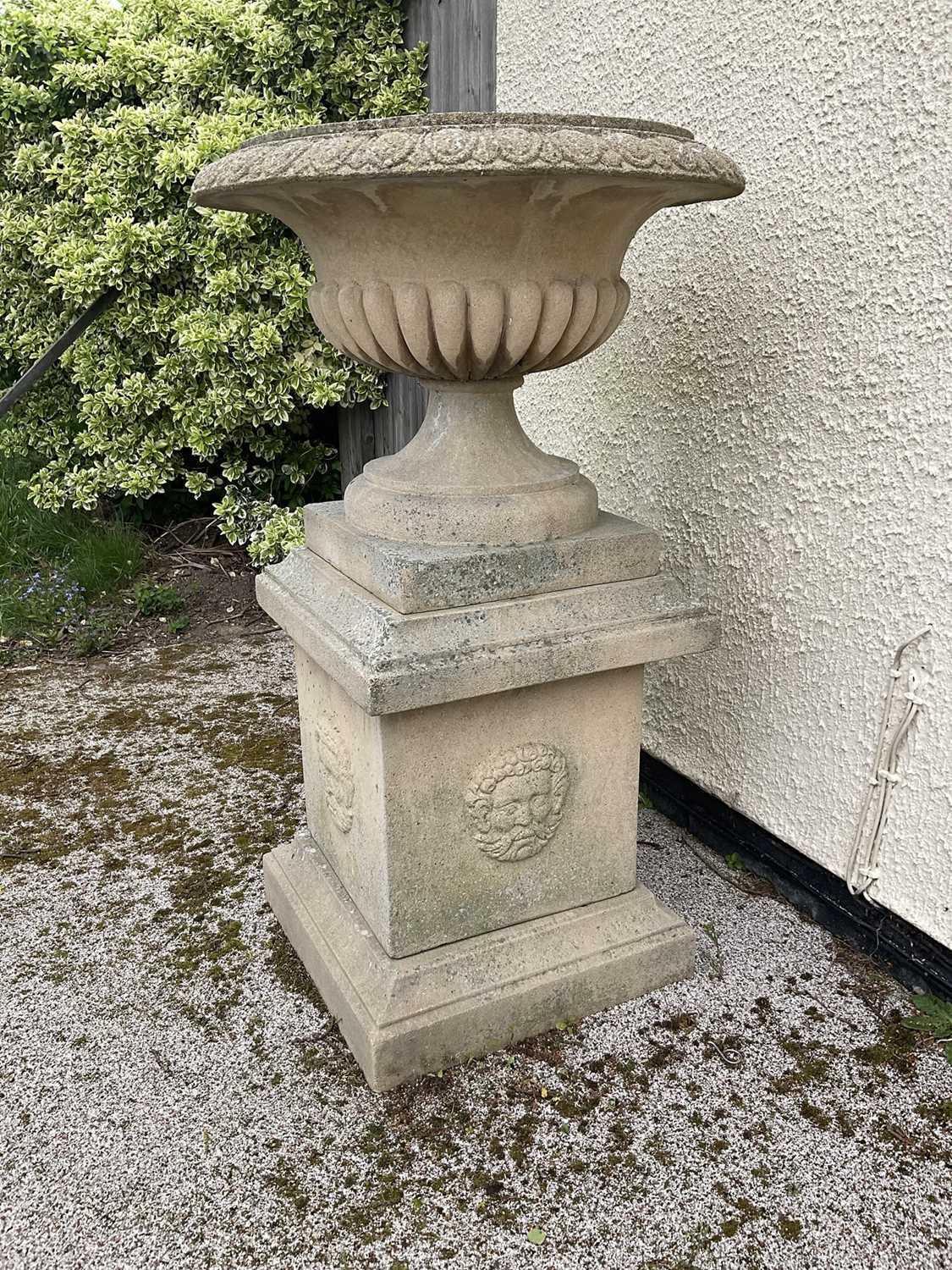 Large pair of reconstituted stone garden urms of campagna form with egg and dart rim, reeded bowl on - Image 2 of 15