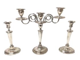 Regency plated candlebra and pair similar candlesticks (3)