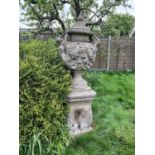 A fine antique reconstituted stone garden urn and cover on plinth, with detachable lid, female carya