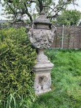 A fine antique reconstituted stone garden urn and cover on plinth, with detachable lid, female carya