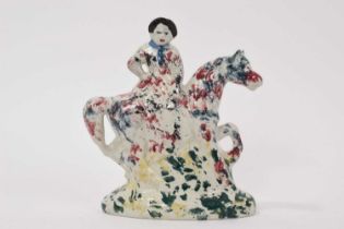 Staffordshire spongeware figure of a woman on horseback