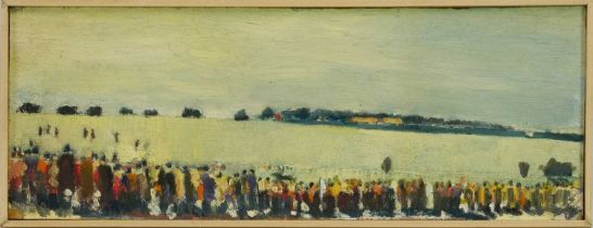 *Robert Sadler (1909-2001) oil on board - Crowds at the Races, signed, 18.5cm x 52cm. NB: Painted at