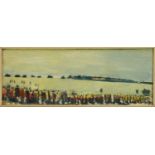 *Robert Sadler (1909-2001) oil on board - Crowds at the Races, signed, 18.5cm x 52cm. NB: Painted at