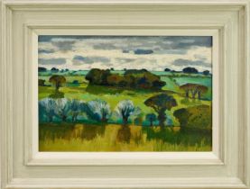 Sir Daniel Lascelles (1902-1967) oil on board - Norfolk Landscape, 26cm x 39cm, gallery label verso,