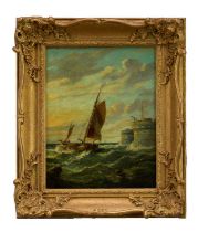 John Moore of Ipswich (1820-1902) oil on panel - Fishing Boat off the Harbour, 27cm x 21.5cm, in gil