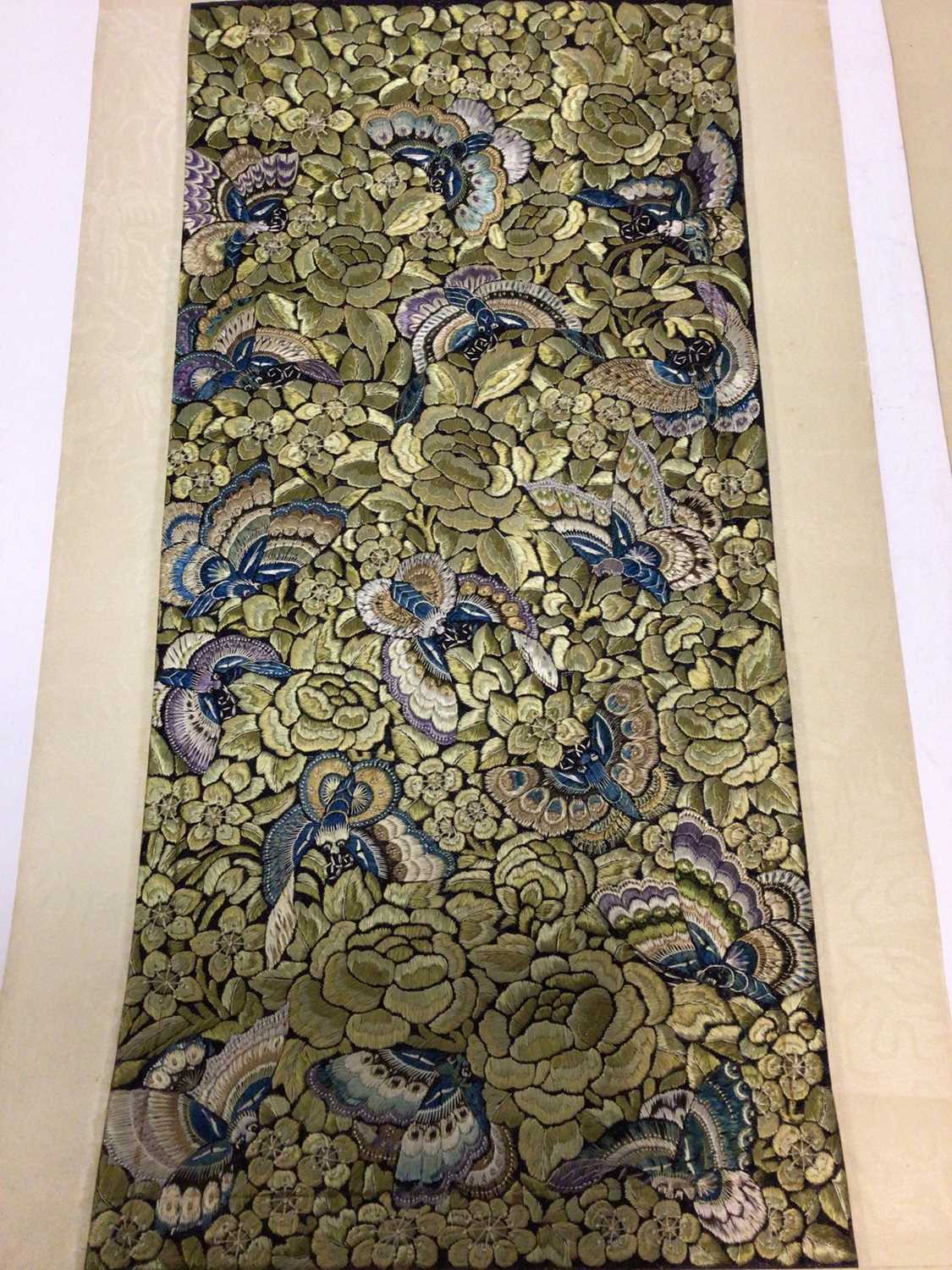 Two Chinese silk embroidered scrolls with butterflies and another earlier in date - Image 2 of 10