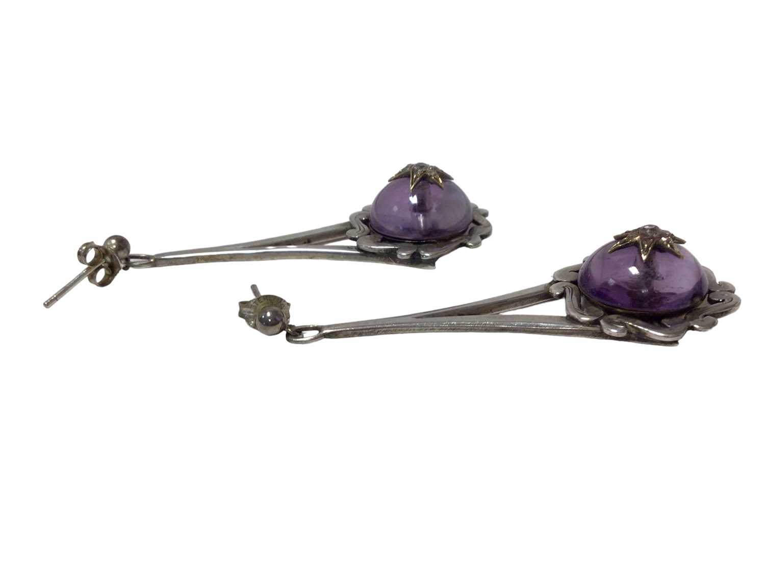 Pair of cabochon amethyst and diamond pendant earrings in later silver setting - Image 2 of 4