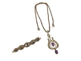 Edwardian 14K gold sapphire and seed pearl bar brooch and similar amethyst and seed pearl pendant on